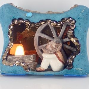 Ceramic Table Lamp Turquoise Blue & Silver with Mexican Man Sombrero Hat in Cave